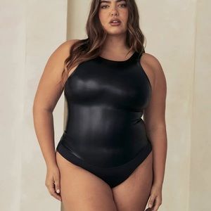 PINSY Shape-wear Bodysuit , high neck, black Vegan leather -XL